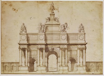 Vorschlag für den Arc de Triomphe, rue Saint-Antoine, Paris, ca. 1668 (Feder und braune Tinte auf Papier) von Charles Le Brun